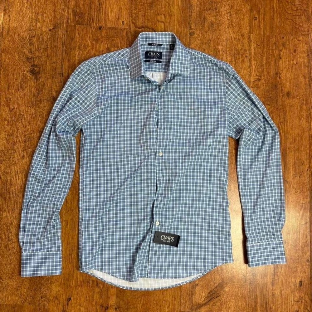 NWT Chaps blue & white checkered button-up shirt slim fit stretch